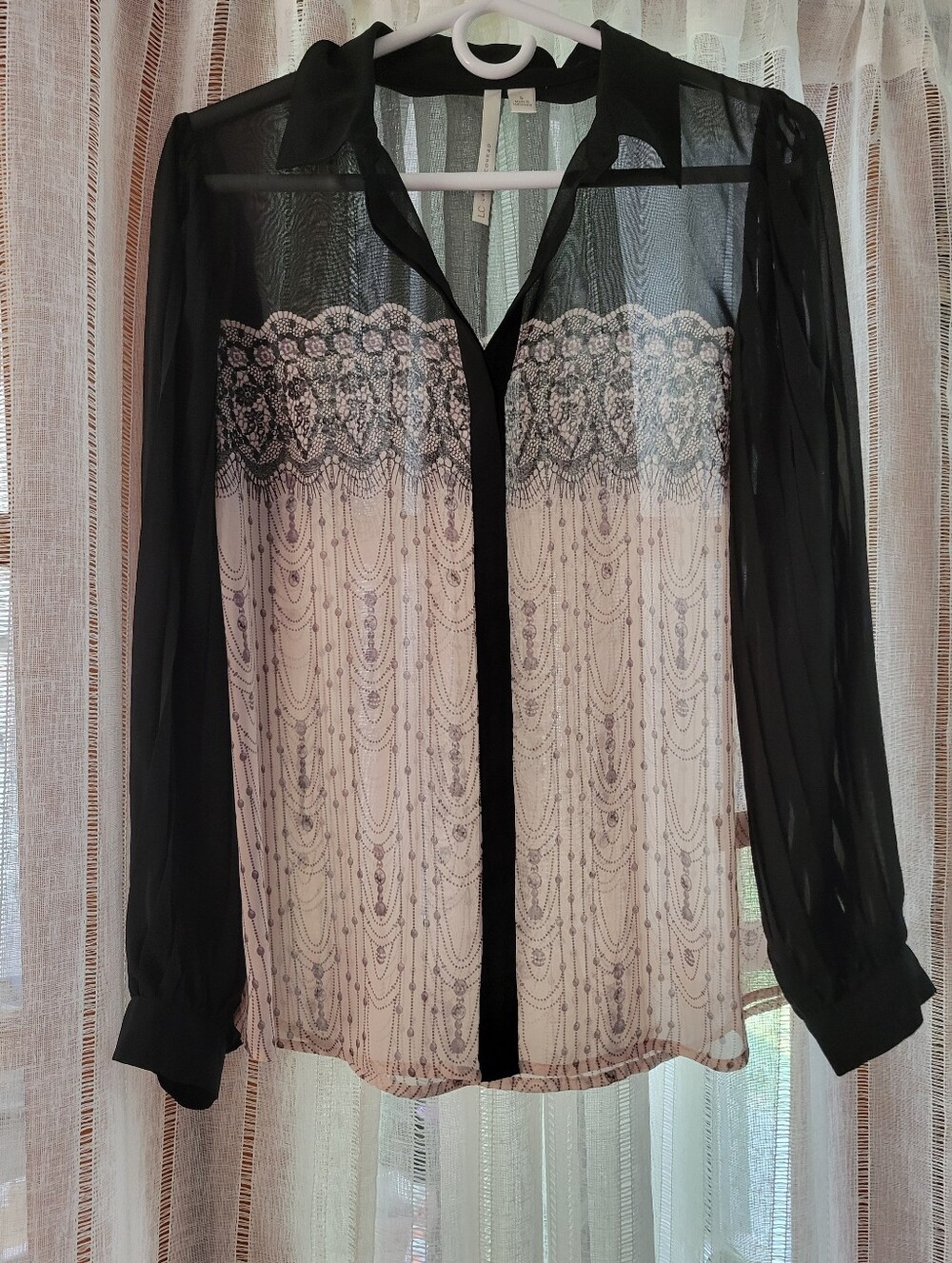 Sheer Long-Sleeve Lace Trim Blouse - Black & Cream